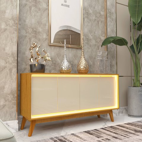 Aparador Buffet Sala Requinte 4 Portas com Led com Pés de Madeira Naturale com Offwhite - Rede Móvei
