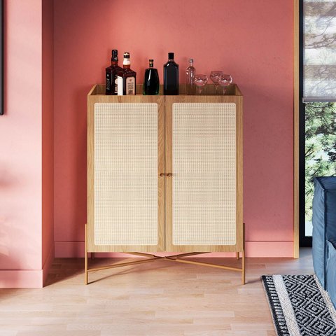 Armário Cristaleira 93cm Palhinha Pé Metal Hanover/dourado