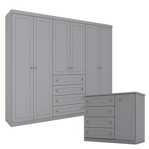 Cômoda e Guarda Roupa Casal 6 Portas Americano Cinza – Henn