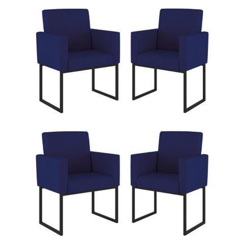 Kit 04 Cadeiras Poltrona Decorativa para Sala Quarto Preto Cor: Azul Marinho