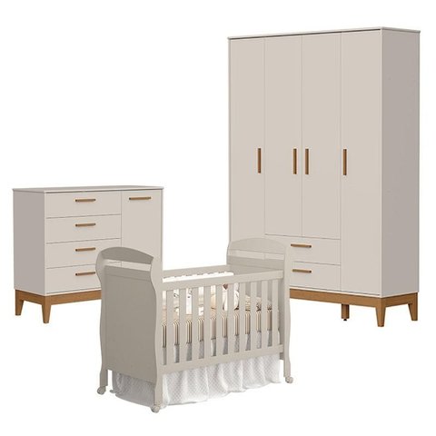 Quarto de Bebê 4 Portas com Cômoda com Porta Flip e Berço Americano Danny Areia Acetinado - Reller