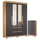 Ver imagem 1 de Guarda Roupa Solteiro com Cômoda Doble 4 Portas de Bater com Espelho 4 Gavetas MDP Freijó Titanium
