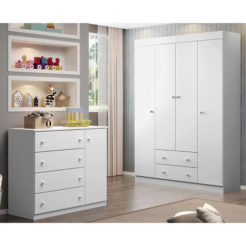 Jogo de Quarto Infantil Elisa Branco Guarda Roupa e Cômoda 100% MDF - Phoenix Baby