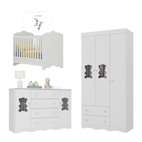 Quarto Bebê Completo Berço 3 em 1/Guarda-Roupa 3 Portas/Cômoda 4 Gavetas Vicente Multimóveis