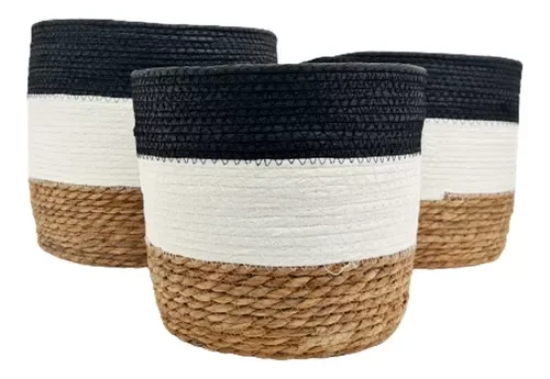 Jogo 3 Cestos Fibra Natural Preto e Branco Multiuso