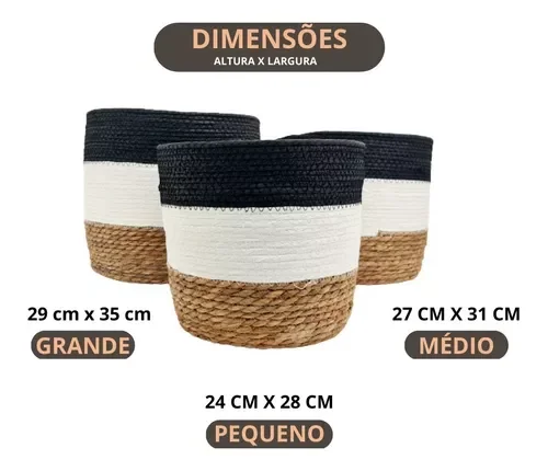 Ver imagem 7 de Jogo 3 Cestos Fibra Natural Preto e Branco Multiuso