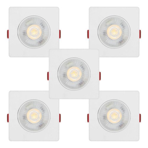 Kit 5 Spot Led Branco 7w 3000k Quadrado 90x90 Mm Embutir