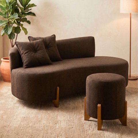 Conjunto Sofá Curvo Orgânico + 01 Puff Luna Boucle Marrom - Montanaris Decor