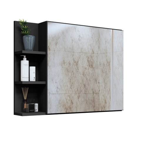 Espelheira Suspensa Armarinho de Banheiro Closet com Porta Prateleiras Nicho Organizador Iris Preto