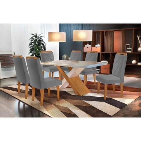 Sala de Jantar Completa Imperatriz Tampo Madeirado C- Vidro Curvo 180x90 e 6 Cadeiras Melissa Imbuia