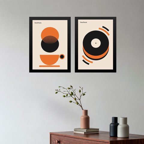 Kit 2 Quadros Bauhaus Laranja - Café Disco 24x18cm - com Vidro:moldura Branca