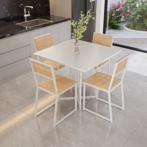 Conjunto Mesa de Jantar Quadrada Branca 4 Cadeiras Pinus Riviera Industrial Branco Don Castro Decor 