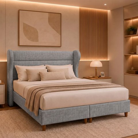 Cama Box com Cabeceira King Elegante Linho Cinza - Sallar Home