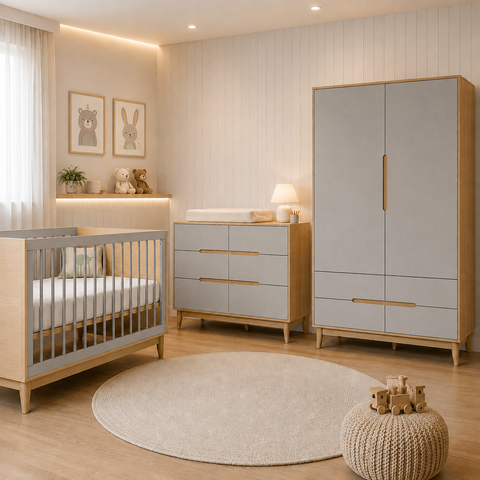 Berço Cômoda e Guarda Roupa para Quarto Infantil Quater Linha Tomi Cinza com Carvalho