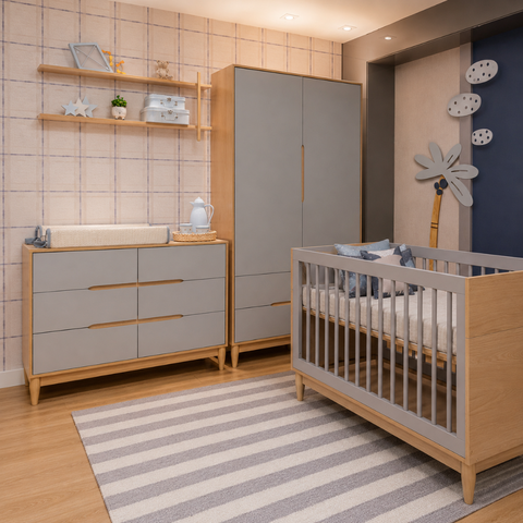 Berço Cômoda e Guarda Roupa para Quarto Infantil Quater Linha Tomi Cinza com Carvalho