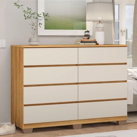 Cômoda Sintra 8 Gavetas MDP Puxador Cava Cinamon Touch Off White Demóbile