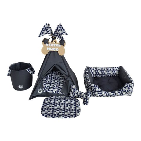Kit Caminha P Grey Toca Cesto Organizador Cama Colchão Pet Cabana Caes e Gatos