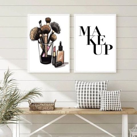Kit 2 Quadros Decorativos Maquiagens makeup 24x18cm:madeira Branca