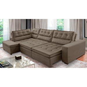 Sofá de Canto Retrátil e Reclinável com Molas 3,00x2,00 Esq Virginia Suede Capucino Adonai