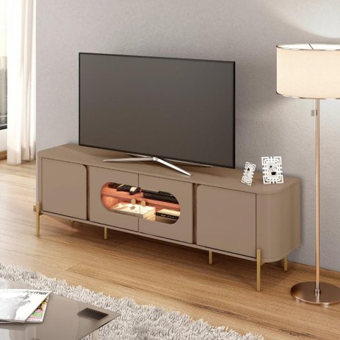 Rack Juquehy para Tv 75” 4 Portas Nichos e Iluminação Led - Fendi/ Carvalho