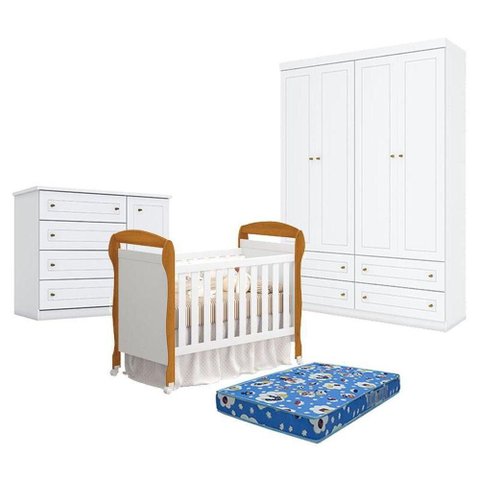 Quarto de Bebê Americano 4 Portas com Berço Danny Branco Acetinado Savana Reller e Colchão