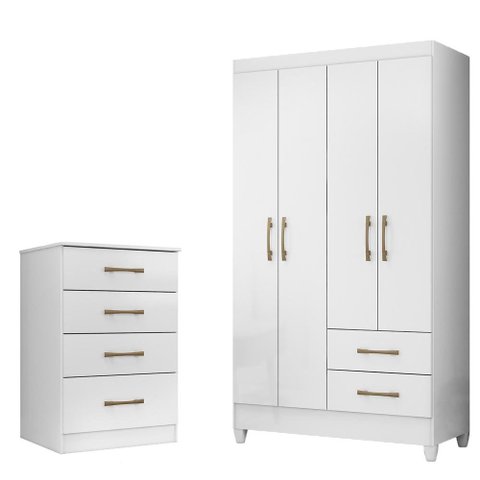Kit Guarda Roupa Solteiro Chile e Cômoda MS - Branco