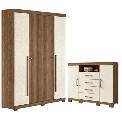 Guarda Roupa Casal Ripado 4 Portas Buriti com Pés e Cômoda Havana Master com Pés Jatobá Areia Acetin