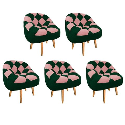 Kit 05 Poltrona Paloma Sala Pé Palito Suede Verde E Suede Rose