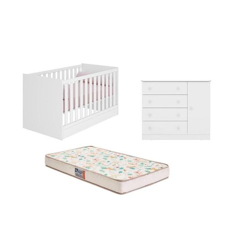 Berço Mini Cama Americano Doce Sonho com Colchão Gazin e Comoda Sapateira Doce Sonho Branco - Fdecor