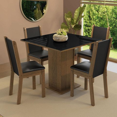 Conjunto Sala de Jantar Mesa Tampo de Vidro 4 Cadeiras Rustic/preto Tifani Madesa