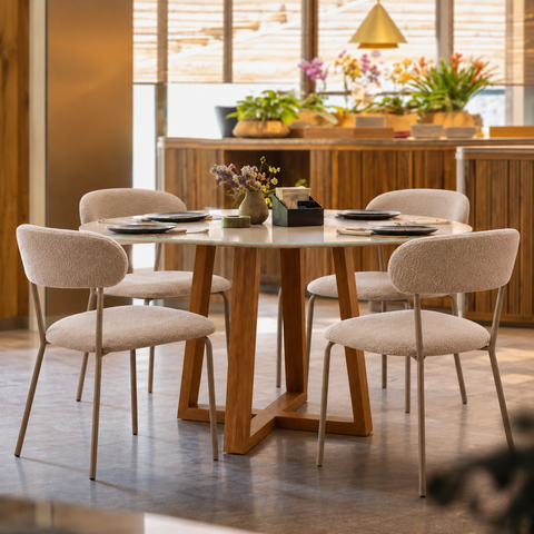 Conjunto Mesa Redonda Vidro 110cm com 4 Cadeiras Aço Ferro Boucle Bege Sala Jantar Apartamento