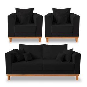Kit Sofá 3 Lugares e 2 Poltronas Beny Viena com Almofadas Decorativa Suede Preto - Madeira Prima Dec