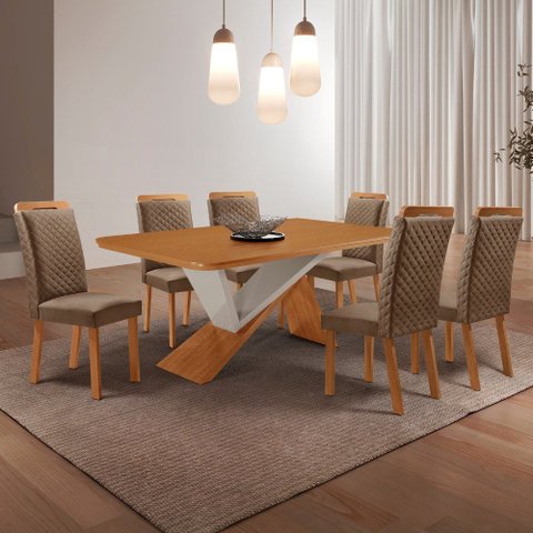 Mesa de Jantar Yasmin 180cm Tampo MDF Canto Copo Laminado e 6 Cadeiras Lorena