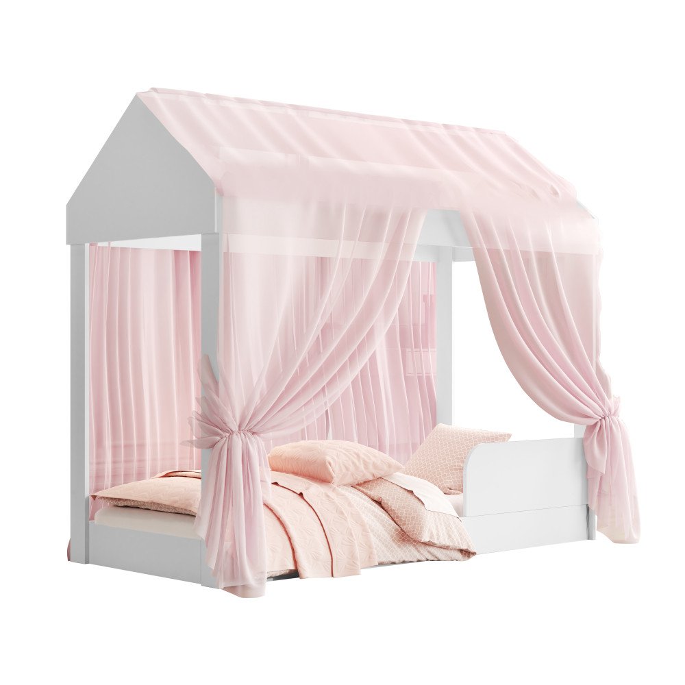 Cama Infantil Montessori Crystal Quarto Voal Rosa Criança Casa Grade Proteção com Colchão Cor Branco - 6