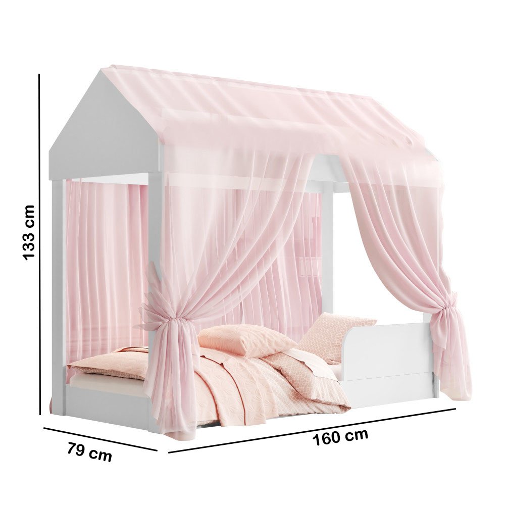 Cama Infantil Montessori Crystal Quarto Voal Rosa Criança Casa Grade Proteção com Colchão Cor Branco - 7