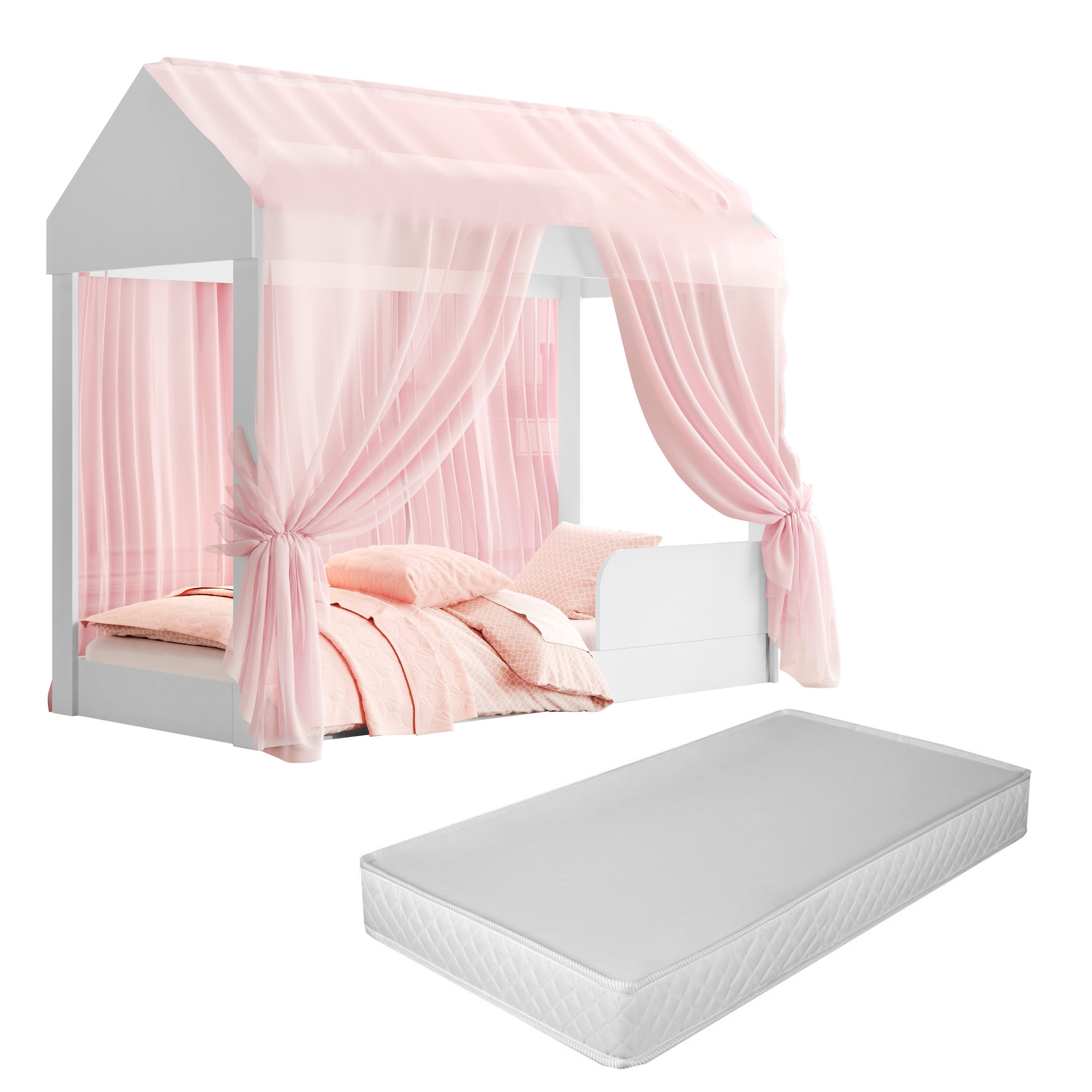 Cama Infantil Montessori Crystal Quarto Voal Rosa Criança Casa Grade Proteção com Colchão Cor Branco