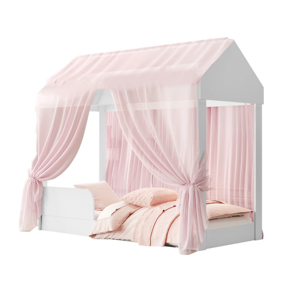 Cama Infantil Montessori Crystal Quarto Voal Rosa Criança Casa Grade Proteção com Colchão Cor Branco - 5