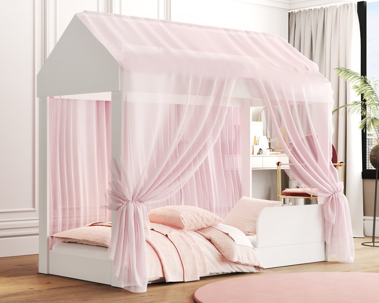 Cama Infantil Montessori Crystal Quarto Voal Rosa Criança Casa Grade Proteção com Colchão Cor Branco - 2