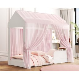 Cama Infantil Montessori Crystal Quarto Voal Rosa Criança Casa Grade Proteção com Colchão Cor Branco - 2