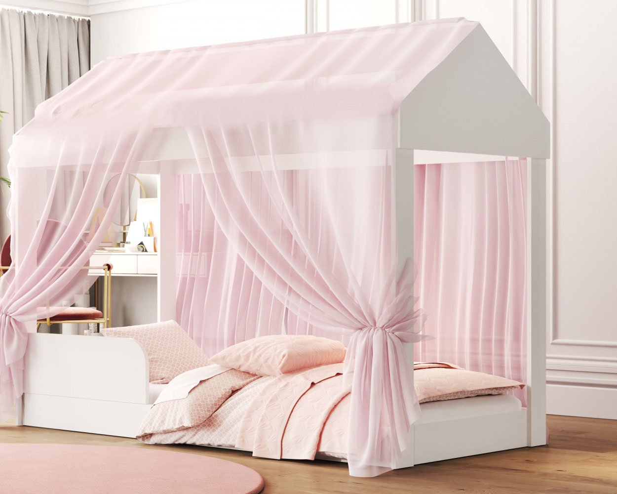 Cama Infantil Montessori Crystal Quarto Voal Rosa Criança Casa Grade Proteção com Colchão Cor Branco - 3