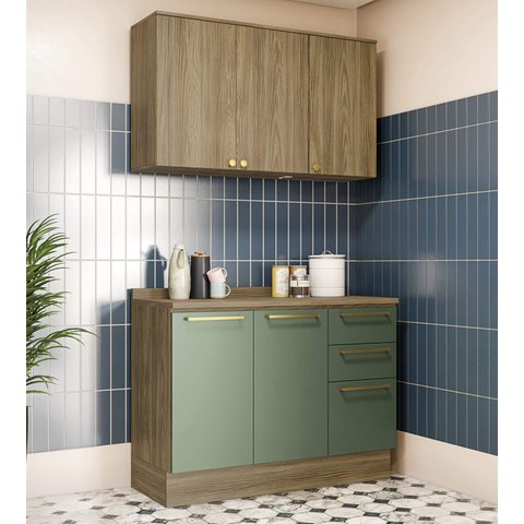 Armário de Cozinha Modulada Completa Reta 3 Peças 1,20m Botanic Kappesberg - Nogueira/verde Oliva