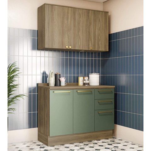 Armário de Cozinha Modulada Completa Reta 3 Peças 1,20m Botanic Kappesberg - Nogueira/Verde Oliva