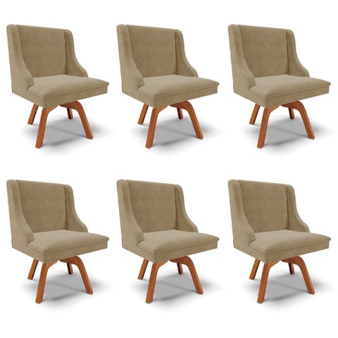 Kit 6 Cadeiras Decorativas Sala de Jantar Base Giratória de Madeira Firenze Suede Nude/Natural G19 -