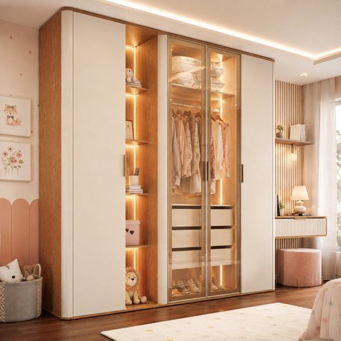 Guarda-Roupas Infantil 100% MDF com LED, Portas de Vidro Reflecta Cantos Arredondados e Nichos