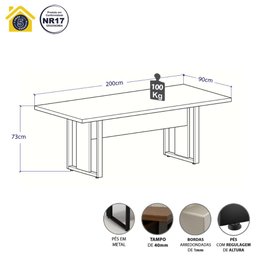 Mesa de Escritório Reunião 2,00m Pé Metal Quadro F5 Office - 2