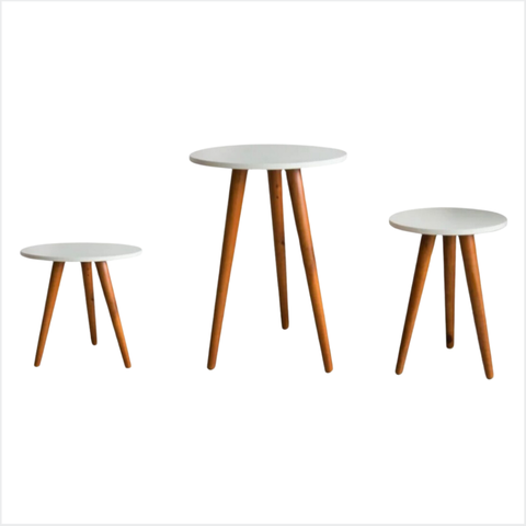 Kit 3 Mesas Lateral Redonda Moderna com Pé Palito Tripé Pequena Retrô Jogo de Apoio Canto para Sofá