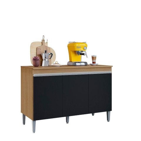 Balcão de Cozinha Manu 3 Portas 1 Prateleira MDP 120cm Amêndoa e Preto