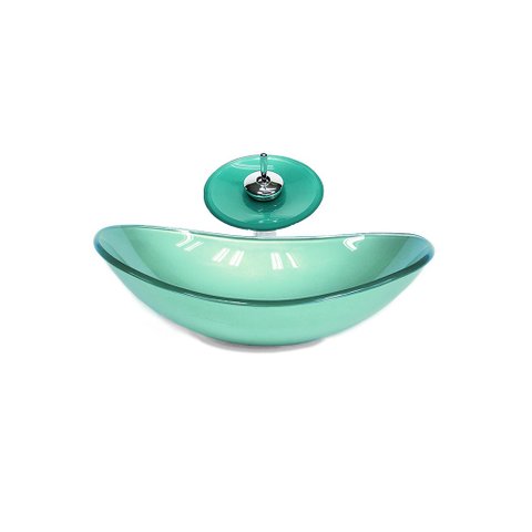 CUBA DE VIDRO OVAL 55CM VERDE + VALVULA + TORNEIRA CASCATA