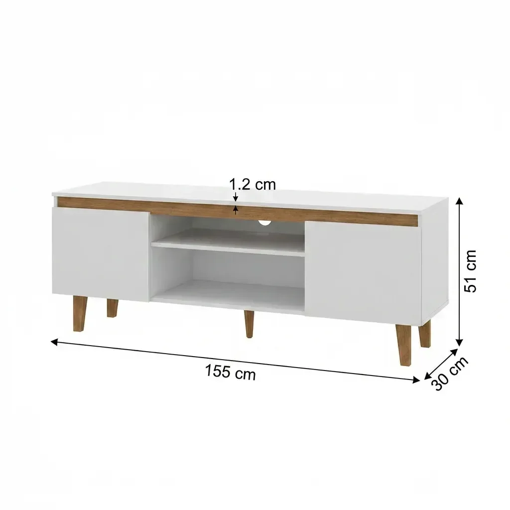 Ver imagem 3 de Rack para TV até 55 Polegadas MDF 155cm Pés em Madeira Maciça Nichos Branco/Amadeirado