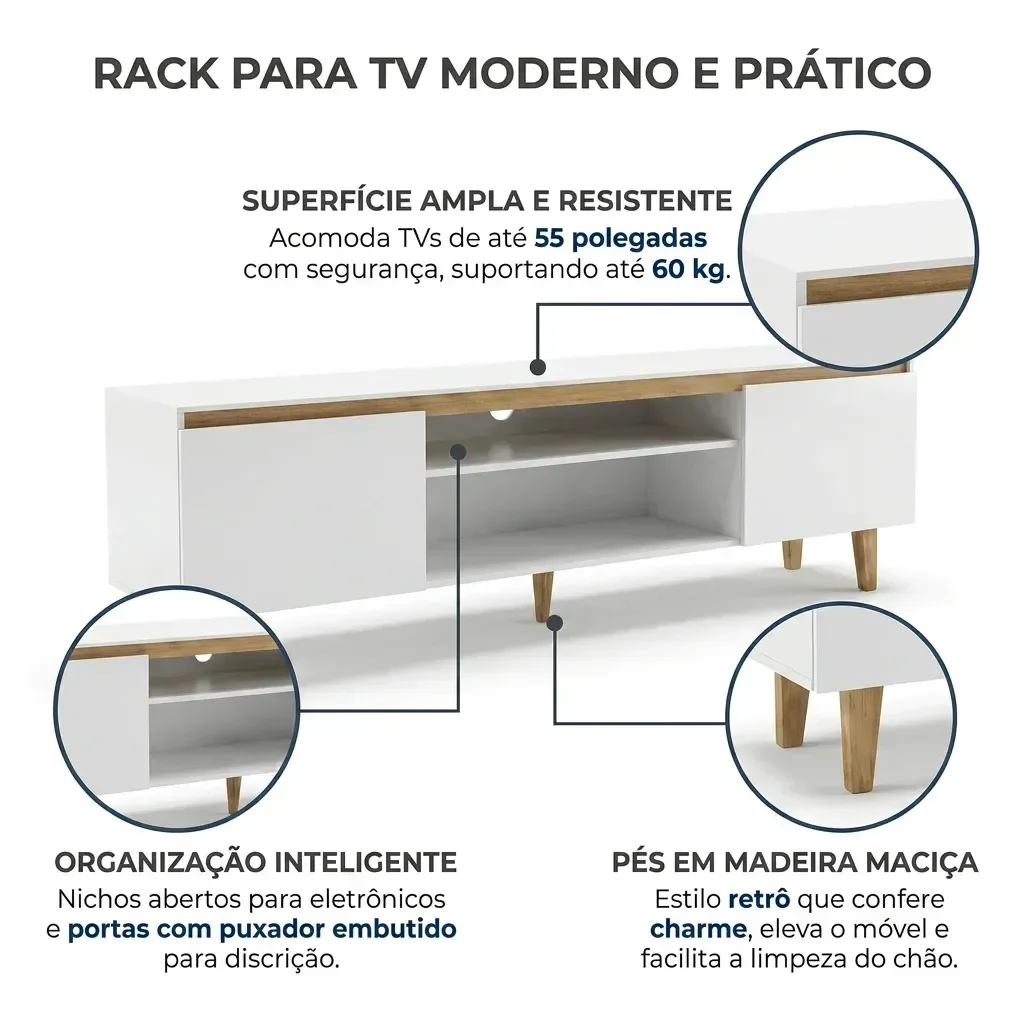Ver imagem 4 de Rack para TV até 55 Polegadas MDF 155cm Pés em Madeira Maciça Nichos Branco/Amadeirado